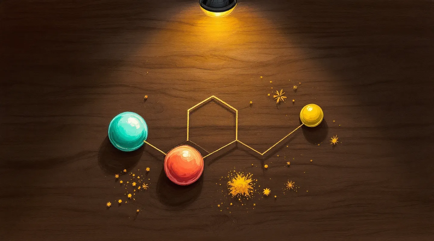 Hand-drawn illustration of a copper-tripeptide rendered as warm kitchen ingredients — a blue-green copper node bound to terracotta, gold, and olive residue shapes — on a dark espresso-wood ground